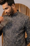 Yoseba_Gray Linen, Satin Embroidery Geometric Achkan And Trouser Set _Online