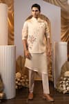 Buy_Yoseba_Beige Linen, Satin, Cotton Embroidery Floral Bundi Kurta Set _at_Aza_Fashions
