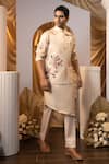 Buy_Yoseba_Beige Linen, Satin, Cotton Embroidery Floral Bundi Kurta Set _Online_at_Aza_Fashions