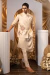 Buy_Yoseba_Beige Linen, Satin, Cotton Embroidery Floral Bundi Kurta Set 