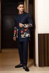 Buy_Yoseba_Blue Linen, Bamboo, Cotton Embroidery Floral Jacket And Kurta Set _Online_at_Aza_Fashions