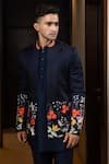 Shop_Yoseba_Blue Linen, Bamboo, Cotton Embroidery Floral Jacket And Kurta Set _Online_at_Aza_Fashions