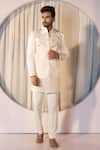 Buy_YOSEBA_Ivory Premium Suiting Fabric Embroidered Thread Bandhgala And Trouser Set _at_Aza_Fashions