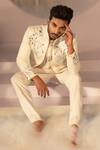 Shop_YOSEBA_Ivory Premium Suiting Fabric Embroidered Thread Bandhgala And Trouser Set _Online_at_Aza_Fashions
