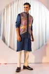 Buy_Yoseba_Navy Linen, Satin, Cotton Sequins Embroidered Panel Bundi Kurta Set 