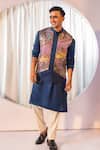 Buy_Yoseba_Navy Linen, Satin, Cotton Sequins Embroidered Panel Bundi Kurta Set _at_Aza_Fashions