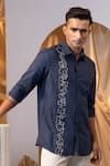 YOSEBA_Blue Premium Linen Embroidered Thread Geometric Shirt _Online_at_Aza_Fashions