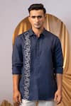 Buy_YOSEBA_Blue Premium Linen Embroidered Thread Geometric Shirt _at_Aza_Fashions
