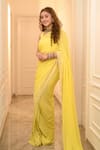 Buy_MONK & MEI BY SONIA ANAND_Yellow Georgette Embellished Pearl Scoop Leaf Woven Pre-draped Saree With Blouse 