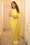 Buy_MONK & MEI BY SONIA ANAND_Yellow Georgette Embellished Pearl Scoop Leaf Woven Pre-draped Saree With Blouse _at_Aza_Fashions