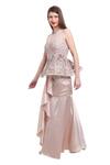 Isha Regalia_Beige Net, Satin Embroidery, Sequins, Beads Hand Top And Draped Skirt Set _Online_at_Aza_Fashions