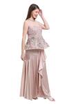 Shop_Isha Regalia_Beige Net, Satin Embroidery, Sequins, Beads Hand Top And Draped Skirt Set _Online_at_Aza_Fashions