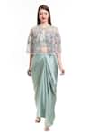 Buy_Isha Regalia_Green Satin, Net Embroidery, Sequins Asymmetric Floral Cape Draped Skirt Set _at_Aza_Fashions