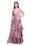 Buy_Isha Regalia_Mauve Satin, Net Embroidery, Beads Sweetheart Neck Pre-draped Ruffle Saree Set _at_Aza_Fashions