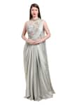 Buy_Isha Regalia_Green Net, Satin Crystals, Embroidery Round Neck Pre-draped Saree And Bodysuit _at_Aza_Fashions