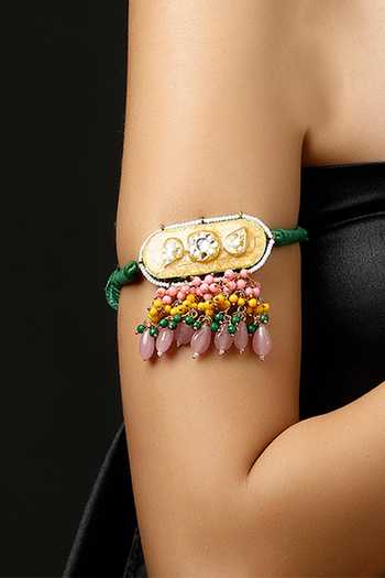 Buy_Dugran By Dugristyle_Multi Color Pearls, Fabric Flowers Gold Plated Geometric Bajuband _Online_at_Aza_Fashions