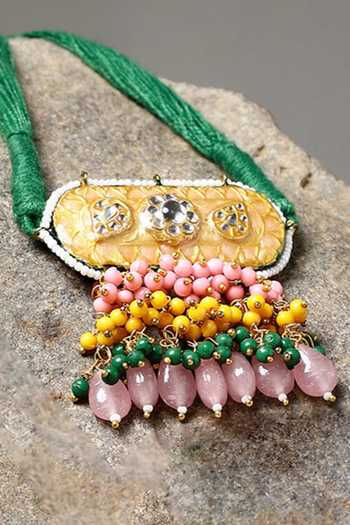 Shop_Dugran By Dugristyle_Multi Color Pearls, Fabric Flowers Gold Plated Geometric Bajuband _Online_at_Aza_Fashions