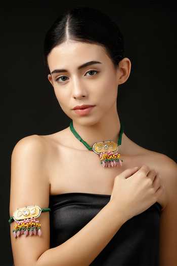 Dugran By Dugristyle_Multi Color Pearls, Fabric Flowers Gold Plated Geometric Bajuband _at_Aza_Fashions