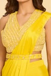 Samyukta Singhania_Yellow Silk Beads, Sequins, Embroidery V-neck Pre-draped Saree Set _Online_at_Aza_Fashions