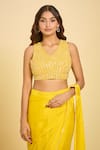 Buy_Samyukta Singhania_Yellow Silk Beads, Sequins, Embroidery V-neck Pre-draped Saree Set _Online_at_Aza_Fashions