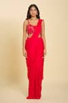 Samyukta Singhania_Red Cutdana, Floral, Sequin, Bead Solid Pre-draped Saree Set With Embroidered _Online_at_Aza_Fashions