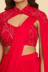 Samyukta Singhania_Red Cutdana, Floral, Sequin, Bead Solid Pre-draped Saree Set With Embroidered _at_Aza_Fashions