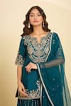 Samyukta Singhania Blue Cotton, Chiffon Embroidery, Sequins Split Floral Kurta Set With Dupatta Online at Aza Fashions Samyukta Singhania_Blue Cotton, Chiffon Embroidery, Sequins Split Floral Kurta Set With Dupatta _Online_at_Aza_Fashions