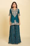Samyukta Singhania Blue Cotton, Chiffon Embroidery, Sequins Split Floral Kurta Set With Dupatta at Aza Fashions Samyukta Singhania_Blue Cotton, Chiffon Embroidery, Sequins Split Floral Kurta Set With Dupatta _at_Aza_Fashions