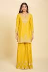 Buy_Samyukta Singhania_Yellow Cotton Embroidery Split V-neck Kurta Gharara Set_Online_at_Aza_Fashions