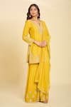 Shop_Samyukta Singhania_Yellow Cotton Embroidery Split V-neck Kurta Gharara Set_Online_at_Aza_Fashions