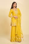 Samyukta Singhania_Yellow Cotton Embroidery Split V-neck Kurta Gharara Set_at_Aza_Fashions