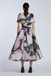 Shop_Gauri & Nainika_Pink Organza Shawl Neck Floral Print Midi Dress With Collar _at_Aza_Fashions
