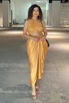 Masumi Mewawalla_Yellow Gajji Silk Embroidered 3d Draped Pleated Skirt With Crop Top _at_Aza_Fashions