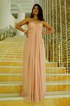 Masumi Mewawalla_Pink Silk Sweetheart Neck Pleated Yoke Embellished Strap Gown _Online