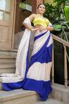 Masumi Mewawalla_Beige Crepe Sweetheart Neck And Blue Colorblock Saree Set _at_Aza_Fashions