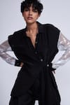 Buy Advait Black Polyester, Cotton Collared Asymmetric Shirt With Sheer Sleeves at Aza Fashions Buy_Advait_Black Polyester, Cotton Collared Asymmetric Shirt With Sheer Sleeves_at_Aza_Fashions
