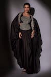 Buy_Ajiesh Oberoi_Black Satin, Lurex Cut Work Square Neck Embroidered Cape Skirt Set _at_Aza_Fashions