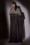 Shop_Ajiesh Oberoi_Black Lurex Beads, Cut Work, Embroidery Round Neck Checkered Cape And Pant Set _at_Aza_Fashions