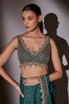 Ajiesh Oberoi_Green Organza, Lurex, Lycra Embroidered Scallop Blouse And Pre-draped Saree _Online_at_Aza_Fashions
