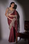 Ajiesh Oberoi_Wine Organza, Lurex, Lycra Embroidery, Leaf Cutwork Border Pre-draped Saree Set _Online_at_Aza_Fashions