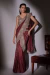 Buy_Ajiesh Oberoi_Wine Organza, Lurex, Lycra Embroidery, Leaf Cutwork Border Pre-draped Saree Set _at_Aza_Fashions