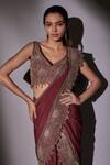 Buy_Ajiesh Oberoi_Wine Organza, Lurex, Lycra Embroidery, Leaf Cutwork Border Pre-draped Saree Set _Online_at_Aza_Fashions