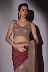 Shop_Ajiesh Oberoi_Wine Organza, Lurex, Lycra Embroidery, Leaf Cutwork Border Pre-draped Saree Set _Online_at_Aza_Fashions