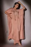 Ajiesh Oberoi_Peach Satin Chiffon Embroidered Crystal Notched Bead Kaftan And Pant Set _Online_at_Aza_Fashions