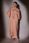 Buy_Ajiesh Oberoi_Peach Satin Chiffon Embroidered Crystal Notched Bead Kaftan And Pant Set _Online_at_Aza_Fashions