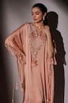 Ajiesh Oberoi_Peach Satin Chiffon Embroidered Crystal Notched Bead Kaftan And Pant Set _at_Aza_Fashions