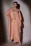 Buy_Ajiesh Oberoi_Peach Satin Chiffon Embroidered Crystal Notched Bead Kaftan And Pant Set _at_Aza_Fashions