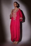 Ajiesh Oberoi_Pink Satin Chiffon Embroidered Crystal V Neck Kaftan And Pant Set _Online_at_Aza_Fashions