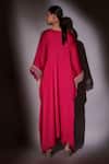 Shop_Ajiesh Oberoi_Pink Satin Chiffon Embroidered Crystal V Neck Kaftan And Pant Set _at_Aza_Fashions
