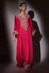 Buy_Ajiesh Oberoi_Pink Satin Chiffon Embroidered Crystal V Neck Kaftan And Pant Set _at_Aza_Fashions